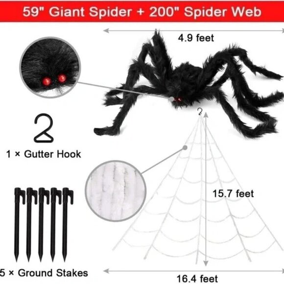 Halloween Decorations Outdoor, 200 XL SPIDER Halloween Decor Set Outdoor 200\'\' Triangular Spider Web+50\'\' Giant